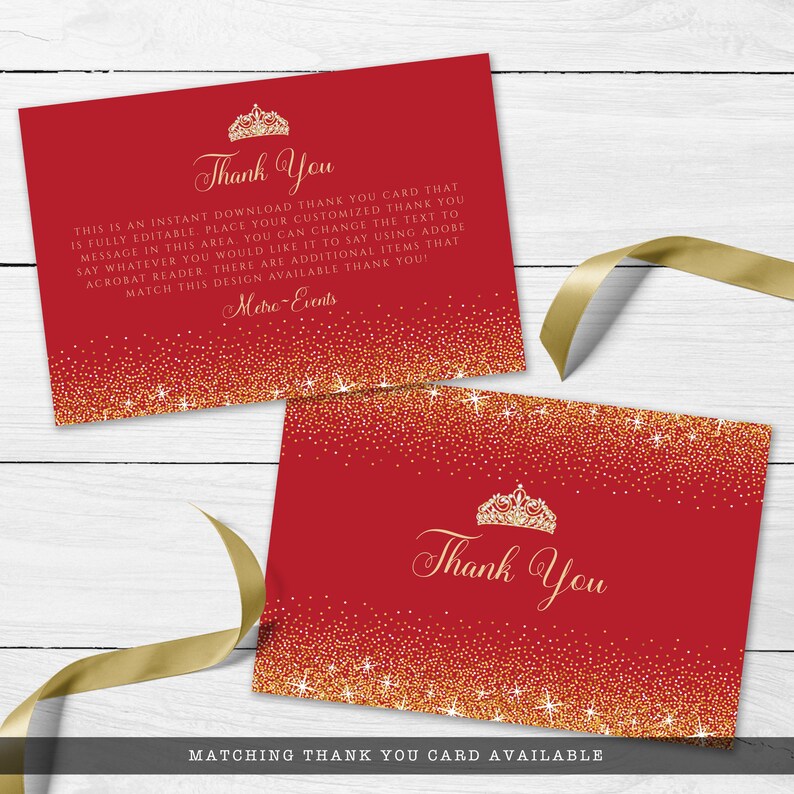 Red and Gold Glitter Thank You Cards. Designed with sparkles, faux gold glitter, gold crown with diamond, and red background accents for a fabulous birthday. Designed By MetroEvents