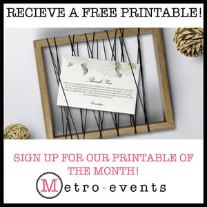 May include: A wooden frame with black string art holds a white card with floral accents and the words "Thank You." The image also includes text that says "RECIEVE A FREE PRINTABLE!" and "SIGN UP FOR OUR PRINTABLE OF THE MONTH!"