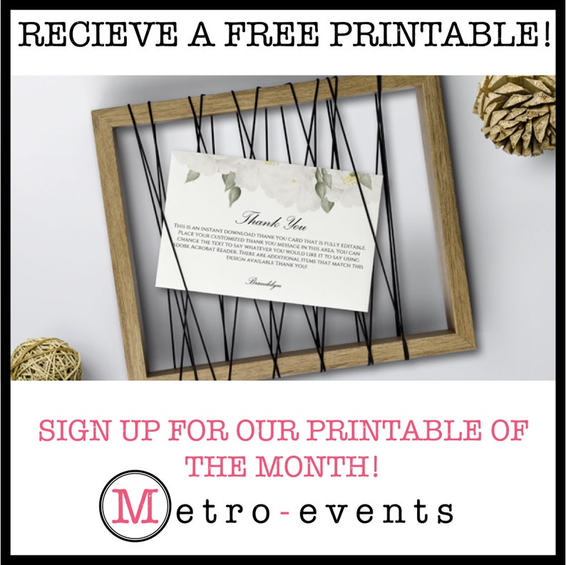May include: A wooden frame with black string art holds a white card with floral accents and the words "Thank You." The image also includes text that says "RECIEVE A FREE PRINTABLE!" and "SIGN UP FOR OUR PRINTABLE OF THE MONTH!"