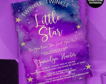 Twinkle Twinkle Little Star Baby Shower, Nursery Rhyme baby Shower Invitation, Moon and Stars Baby Shower Invitations, Corjl Template