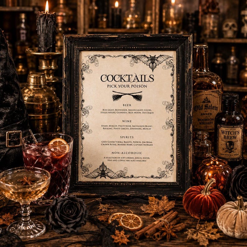 Vintage Halloween Cocktail Sign Halloween Bar Sign Editable Drink Station Sign Printable Halloween Party Decor image 1