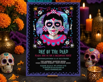 Sugar Skull Day of the Dead Invitation, Editable Dia de los Muertos Party Invite, Halloween Fiesta Invitation, Corjl Template