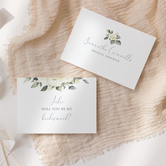 Printable Minimalist White Rose Bridesmaid Card Instant Download Bridesmaid Proposal Maid of Honor Template Corjl Template Il_570xn
