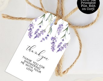Peut inclure: Etiquette de remerciement sur le thème de la lavande avec le texte "thank you" et "THANK YOU FOR SHOWERING ME WITH YOUR LOVE". L'étiquette est décorée d'une illustration aquarelle de fleurs de lavande.