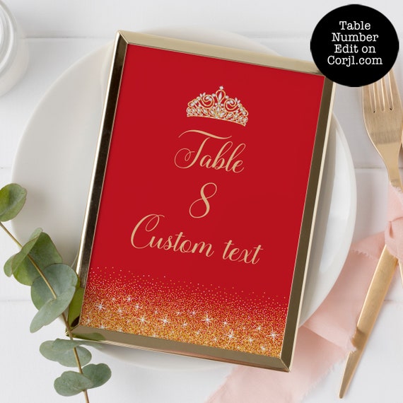 Red and Gold Glitter Table Number, Glitter Table Decor, Printable Table