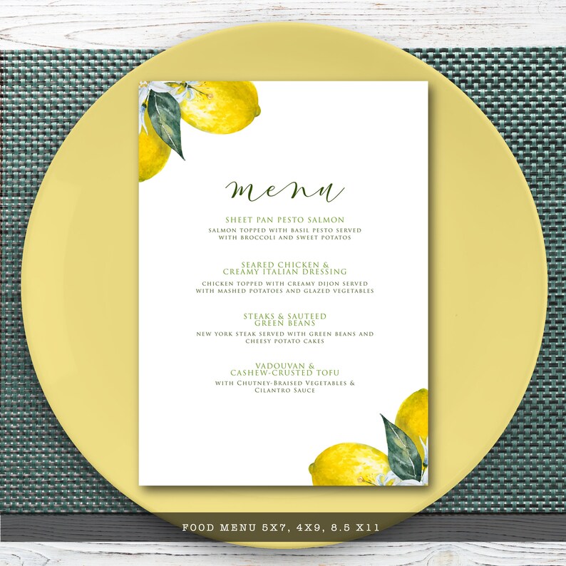 Lemon Food Menu Lemon Dinner Menu Food Menu Dinner Menu Etsy