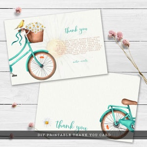Rustic Bicycle and Daisy-Themed Bridal Shower Thank You Cards. This whimsical design is created with a vintage teal green bicycle with daisy accents and a yellow canary. Designed By MetroEvents.