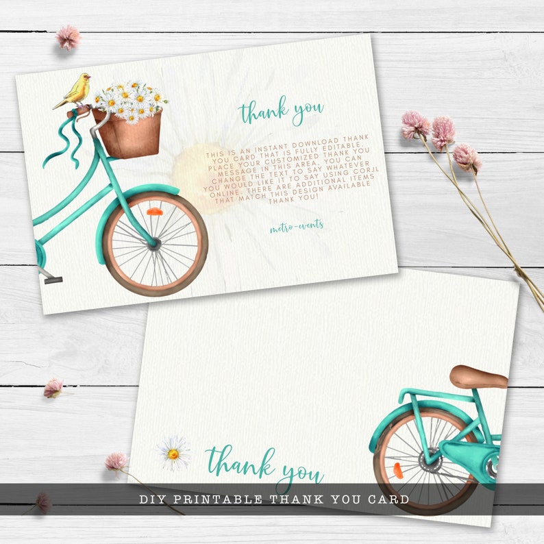 Rustic Bicycle and Daisy-Themed Bridal Shower Thank You Cards. This whimsical design is created with a vintage teal green bicycle with daisy accents and a yellow canary. Designed By MetroEvents.