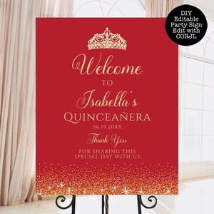 Red and Gold Glitter Quinceañera and Sweet Sixteen Party sign. Designed with sparkles, faux gold glitter, gold crown with diamond, and red background accents for a fabulous birthday. Designed By MetroEvents