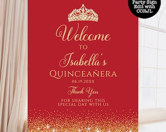 Letrero de bienvenida para quinceañera con purpurina roja y dorada (imprimible, descarga instantánea)