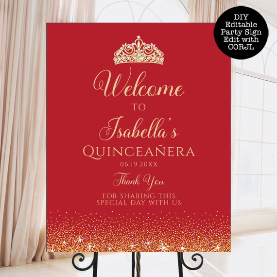 Red and Gold Glitter Welcome Sign, Quinceanera Sign, Sweet 16 Sign, Printable Sign, Instant Download, Red Princess Signs, Corjl Template Il_570xn