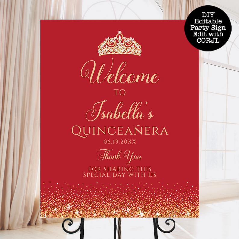 Red and Gold Glitter Quinceañera and Sweet Sixteen Party sign. Designed with sparkles, faux gold glitter, gold crown with diamond, and red background accents for a fabulous birthday. Designed By MetroEvents
