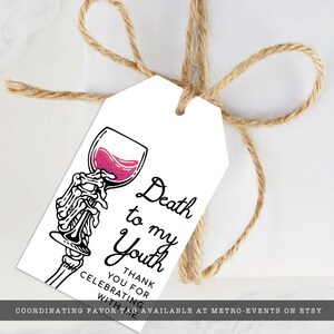 Thank you tag with Skeleton Hand and Wine Glass - Death to My Twenties Birthday Party - Corjl Template
