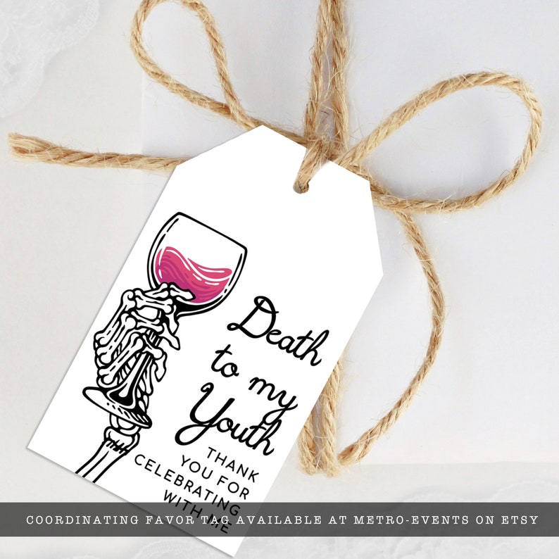 Thank you tag with Skeleton Hand and Wine Glass - Death to My Twenties Birthday Party - Corjl Template