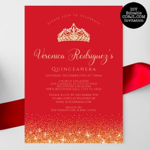 Red and Gold Glitter Quinceañera Invitations. Designed with sparkles, faux gold glitter, gold crown with diamond, and red background accents for a fabulous birthday. Designed By MetroEvents