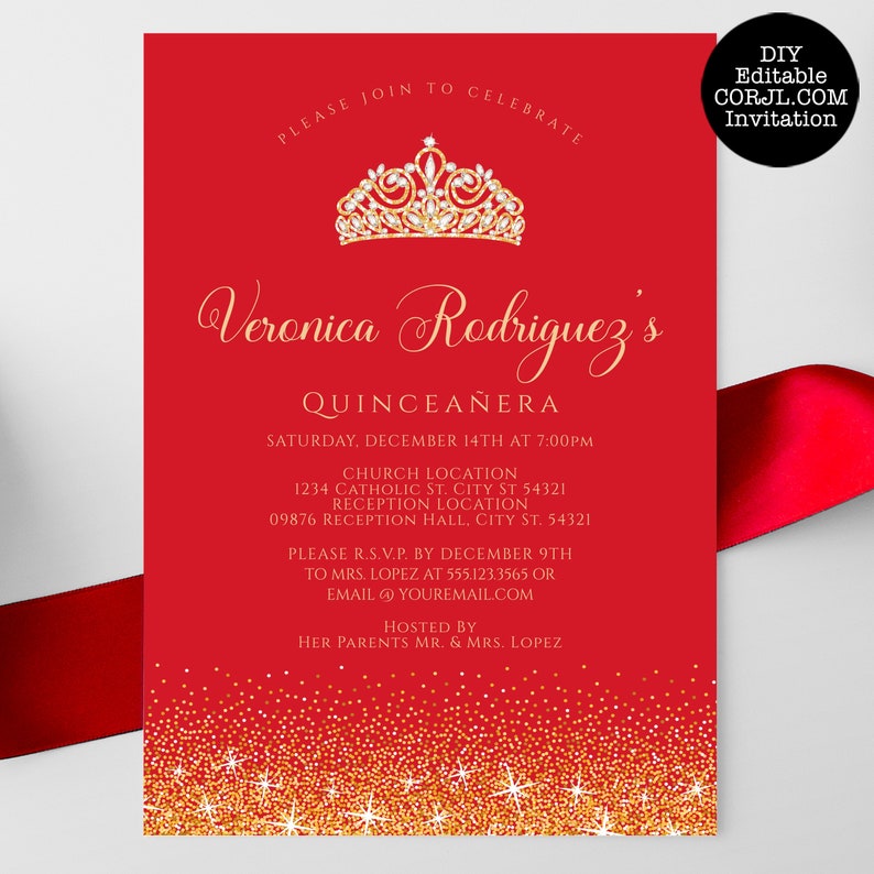 Red and Gold Glitter Quinceañera Invitations. Designed with sparkles, faux gold glitter, gold crown with diamond, and red background accents for a fabulous birthday. Designed By MetroEvents