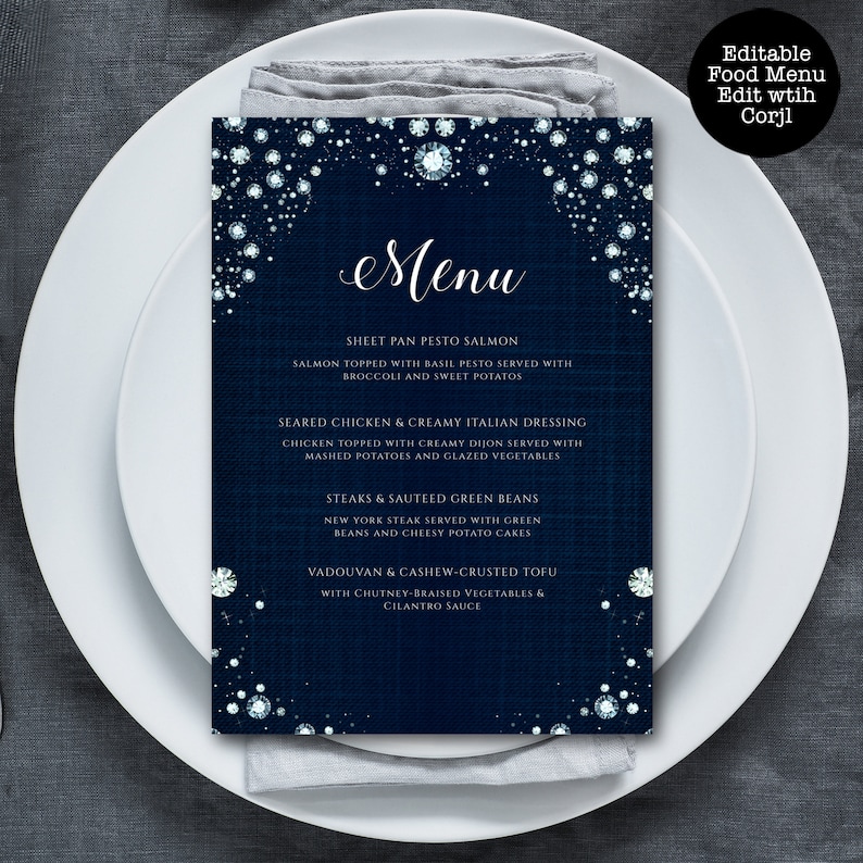Denim and Diamond Food Menu, Diamond Themed Menu, Custom Dinner Menu ...