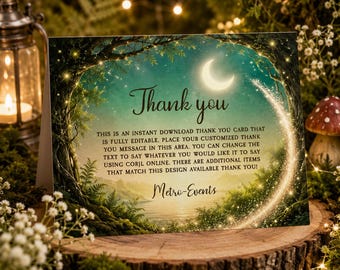 Puede incluir: Una tarjeta de agradecimiento rectangular con una escena de bosque a la luz de la luna, una luna creciente, luces brillantes y una estrella fugaz. El texto dice: Thank you, THIS IS AN INSTANT DOWNLOAD THANK YOU CARD. Metro-Events.