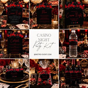 May include: A casino night party kit featuring black and red card suit graphics. The set includes printed invitations, menus, cocktail lists, water bottle labels, wine bottle labels, and favor bags with thank you tags, all styled with a casino theme.
