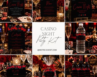 Puede incluir: Un kit de fiesta para noche de casino con gráficos de palos de cartas en negro y rojo. El conjunto incluye invitaciones, menús, listas de cócteles, etiquetas para botellas de agua y vino, y bolsas de regalo con etiquetas de agradecimiento.