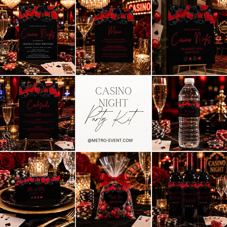 May include: A casino night party kit featuring black and red card suit graphics. The set includes printed invitations, menus, cocktail lists, water bottle labels, wine bottle labels, and favor bags with thank you tags, all styled with a casino theme.
