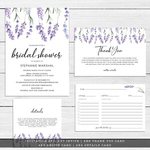May include: A stationery set featuring a bridal shower invitation, a thank you card, a details card, and a recipe card. Each white card is decorated with purple lavender sprigs at the top or bottom and includes black text with event details.