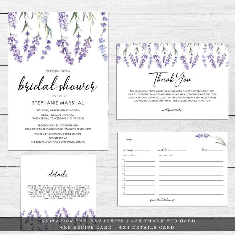 May include: A stationery set featuring a bridal shower invitation, a thank you card, a details card, and a recipe card. Each white card is decorated with purple lavender sprigs at the top or bottom and includes black text with event details.