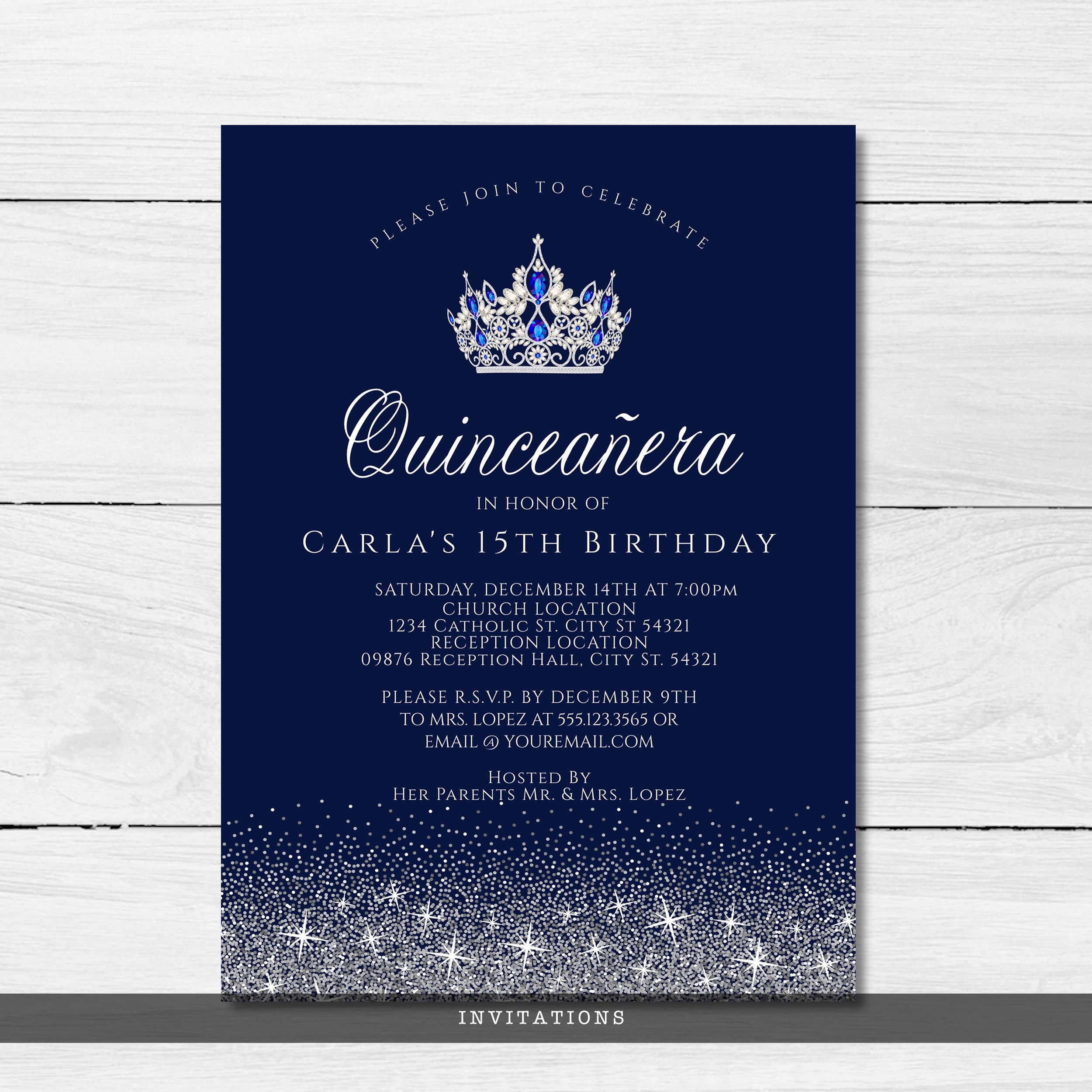 Quinceanera Invitations, Silver and Blue Glitter Quinceanera Invitations,  Sapphire Blue Quinceanera Invitation, Printable Quince Invitations 