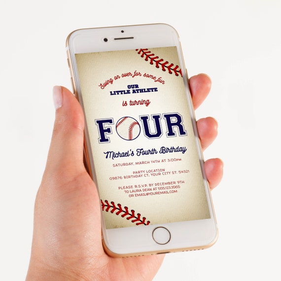 Editable Baseball Themed 4th Birthday Digital Invitation Evite Text