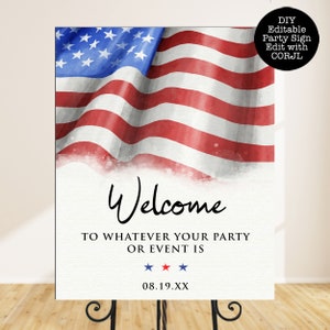 American Flag Signs, Printable Welcome Signs, Instant Download, Editable Welcome Party Signs, Corjl Template, Red & Blue Sign, 4th of July