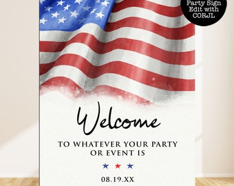 American Flag Signs, Printable Welcome Signs, Instant Download, Editable Welcome Party Signs, Corjl Template, Red & Blue Sign, 4th of July