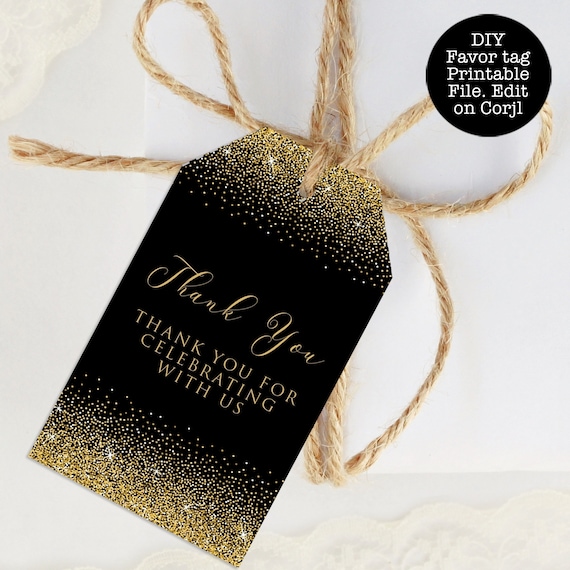 Black and Gold Printable Thank You Tags, Gold Favor Tags, Gold Glitter Gift Tags, Editable Favor Tags, Corjl Template, Gold Favor Tags Il_570xn