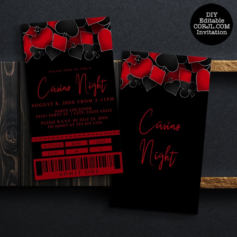 May include: Two rectangular Casino Night invitation cards featuring red and black playing card suit symbols at the top. The left card includes event details, a ticket-style section, and a barcode with the text ADMIT ONE. The right card displays Casino Night in red script.