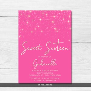 May include: Pink glitter background with white text that reads "Sweet Sixteen" in honor of Gabrielle. The invitation includes the date August 8, 2020, time from 5-11pm, party location, RSVP information, and contact information.