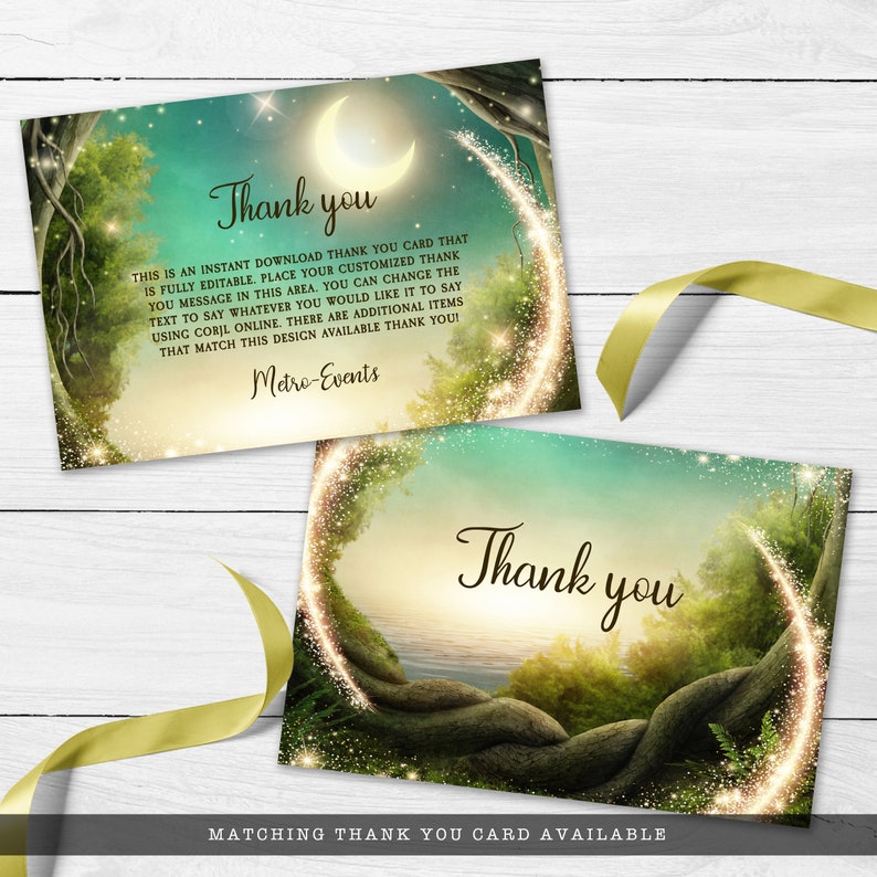 May include: A digital thank you card with a whimsical forest scene featuring a crescent moon, sparkling lights, and green trees. The text "Thank you" is written in a black font. The card is fully editable and includes the text "THIS IS AN INSTANT DOWNLOAD THANK YOU CARD THAT IS FULLY EDITABLE. PLACE YOUR CUSTOMIZED THANK YOU MESSAGE IN THIS AREA. YOU CAN CHANGE THE TEXT TO SAY WHATEVER YOU WOULD LIKE IT TO SAY USING CORIL ONLINE. THERE ARE ADDITIONAL ITEMS THAT MATCH THIS DESIGN AVAILABLE THANK YOU! Metro-Events".