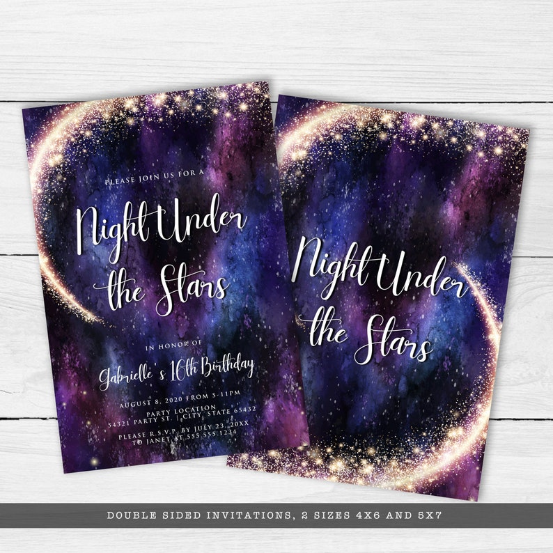 Night under the stars, galaxy-themed invitation. This design is created with a star-filled purple and blue starry sky background with a half-ring of shooting stars training through it. Designed by MetroEvents.