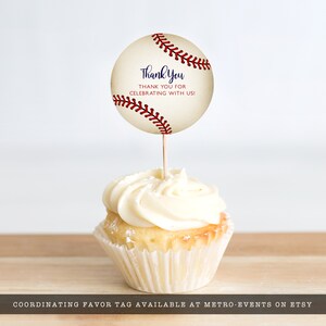 Vintage Baseball Themed Cupcake Toppers. Created with a vintage texture background accented with baseball laces. Designed by MetroEvents.