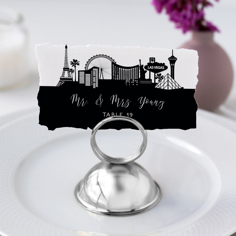 Vegas Baby! This black-and-white escort card is created with a silhouette of the Las Vegas Skyline. Perfect for your Vegas vacation. Designed By MetroEvents.