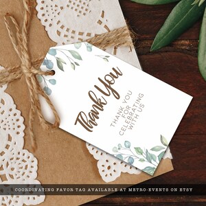 Greenery, Cottagecore-Style Party Favor Tags. Features soft green leaves covering the corners with a watercolor-style texture. Designed By MetroEvents.