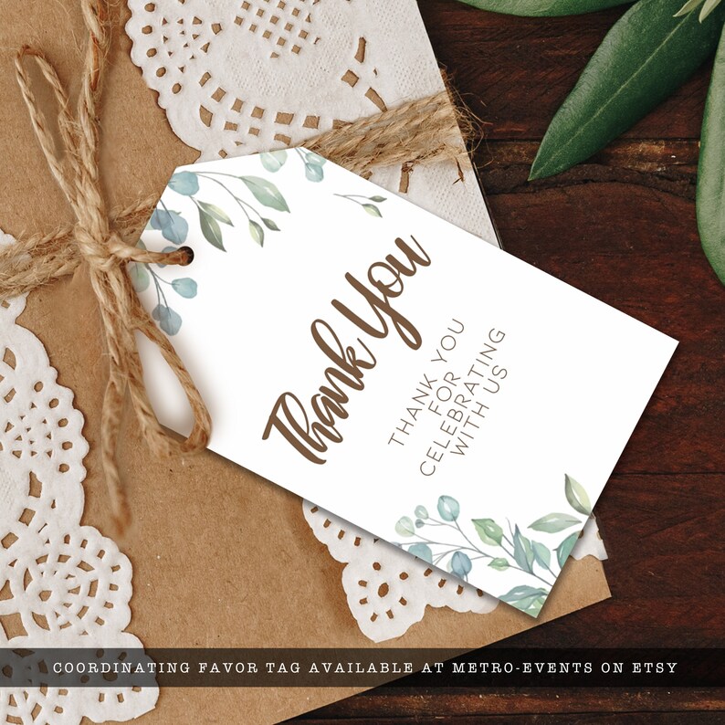 Greenery, Cottagecore-Style Party Favor Tags. Features soft green leaves covering the corners with a watercolor-style texture. Designed By MetroEvents.