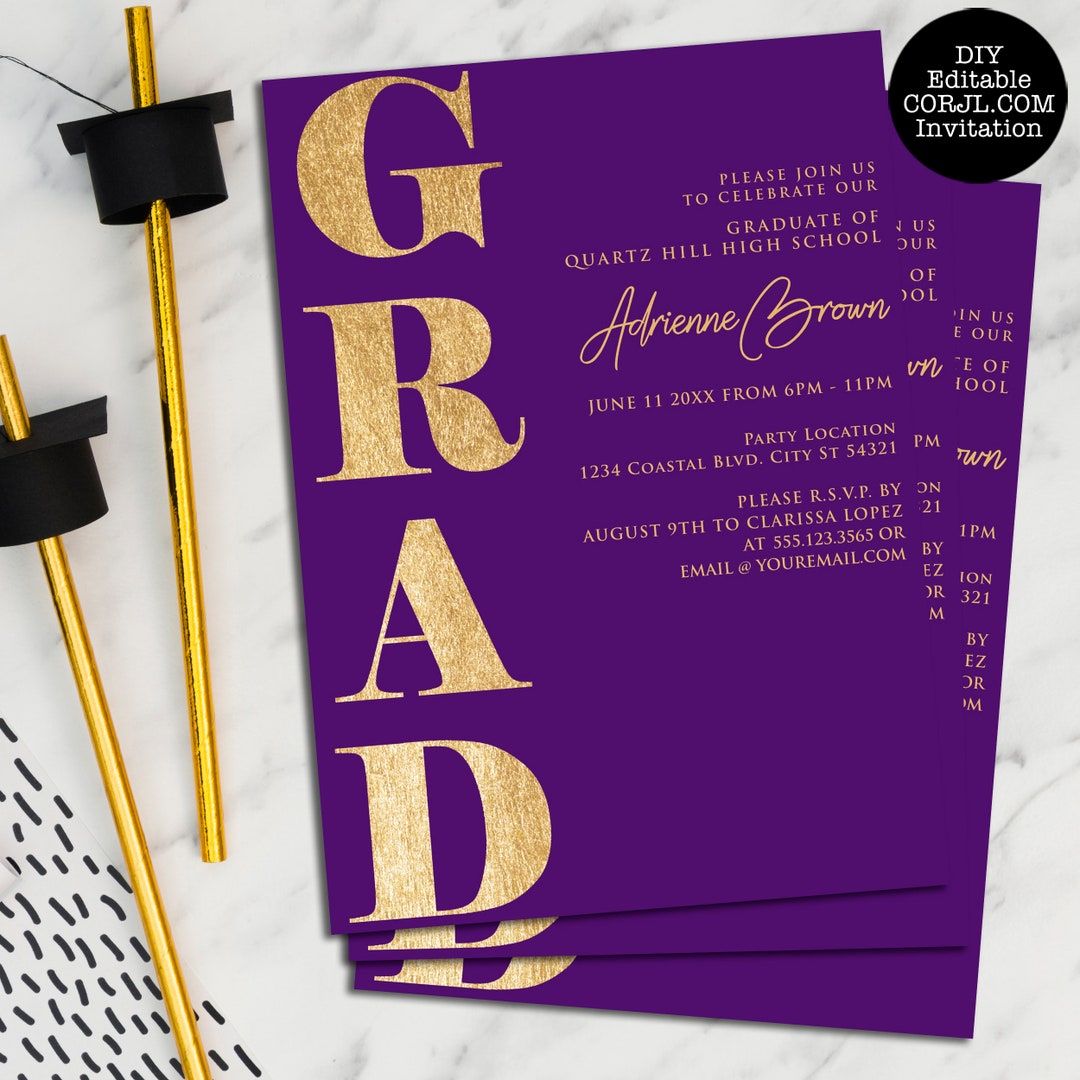 Purple and Gold Graduation Invitations, Graduation Announcement