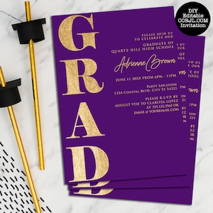 Purple and Gold Graduation Invitations, Graduation Announcement, College Graduate, High School Grad Invite, Corjl Template, Instant Download