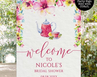 Tea Party Bridal Shower Welcome Sign, Pink Floral (Digital Download)
