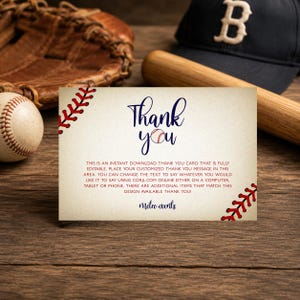 Może przedstawiać: Prostokątna kartka z podziękowaniami o tematyce baseballowej z grafiką czerwonych szwów w rogach, napisem Thank you z ikoną piłki, instrukcją edycji cyfrowej oraz nazwą marki metro-events.