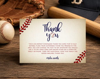 Puede incluir: Una tarjeta de agradecimiento rectangular con temática de béisbol que presenta gráficos de costuras rojas en las esquinas, el texto Thank you con un icono de pelota, instrucciones de edición digital y la marca metro-events.