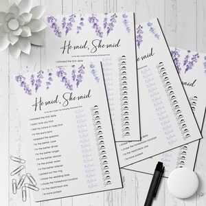 Lavender Bridal Shower Game: He Said She Said (Printable PDF)