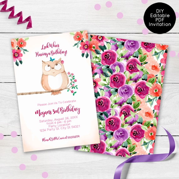 Owl Birthday Invitations, Colorful Floral Owl Party Invites Il_570xn