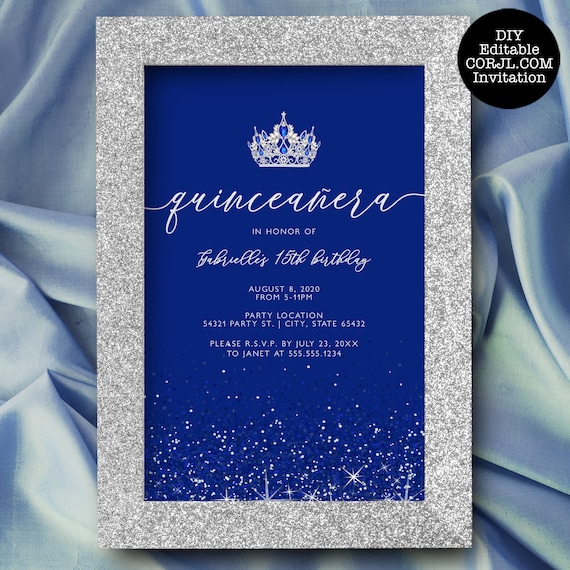 Quinceanera Invitations, Silver and Blue Glitter Quinceanera Invitations,  Sapphire Blue Quinceanera Invitation, Printable Quince Invitations 