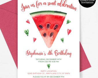 Editable Watermelon Invitation, Watermelon Birthday Invitation, Printable Birthday Invitations, Summer Invitation, Corjl Invitation Template