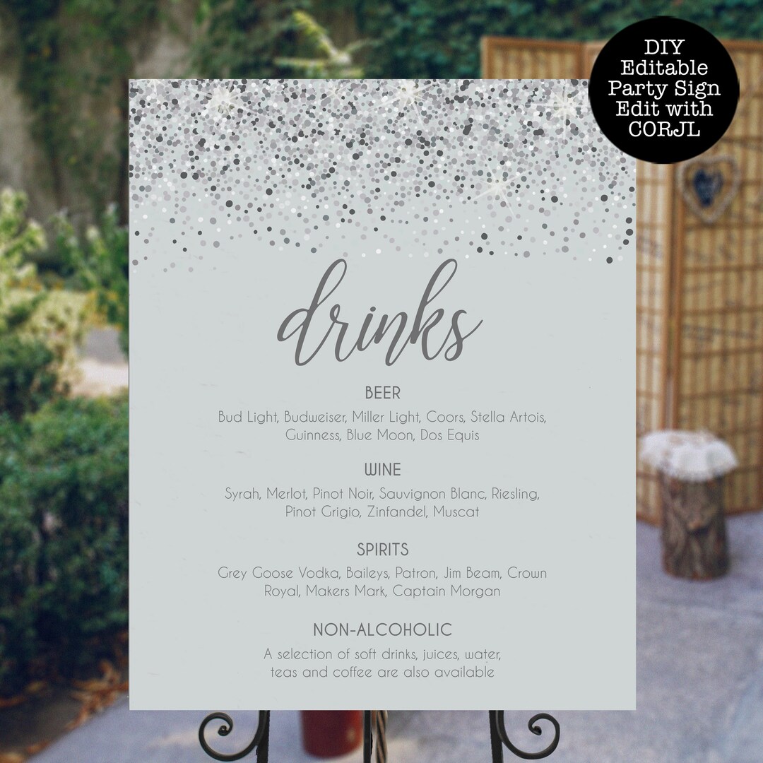 Silver Glitter Drink Menu Signs, Drink Menu Template, Drink Menu Sign
